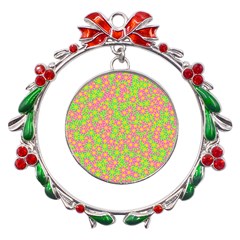 Pink Flower Background Green Pattern Metal X mas Wreath Ribbon Ornament