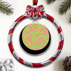 Pink Flower Background Green Pattern Metal Red Ribbon Round Ornament by Ravend