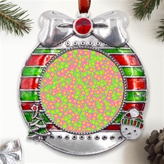 Pink Flower Background Green Pattern Metal X mas Ribbon With Red Crystal Round Ornament by Ravend