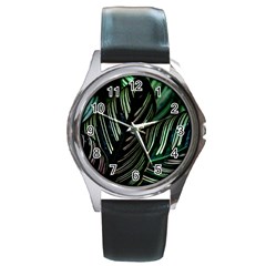 Calathea Leaves Strippe Line Round Metal Watch by Ravend