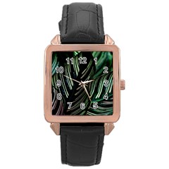 Calathea Leaves Strippe Line Rose Gold Leather Watch  by Ravend