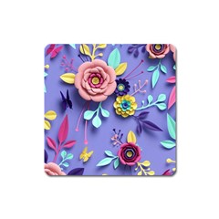 3d Flowers Pattern Flora Background Square Magnet by Bedest