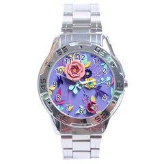 3d Flowers Pattern Flora Background Stainless Steel Analogue Watch by Bedest