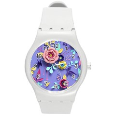 3d Flowers Pattern Flora Background Round Plastic Sport Watch (m)