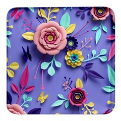 3d Flowers Pattern Flora Background Square Glass Fridge Magnet (4 Pack) by Bedest