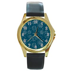 Space Seamless Pattern Round Gold Metal Watch by Bedest