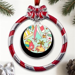 Summer Up Cute Doodle Metal Red Ribbon Round Ornament by Bedest