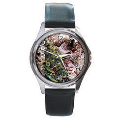 Japanese Painting Flower Peacock Round Metal Watch