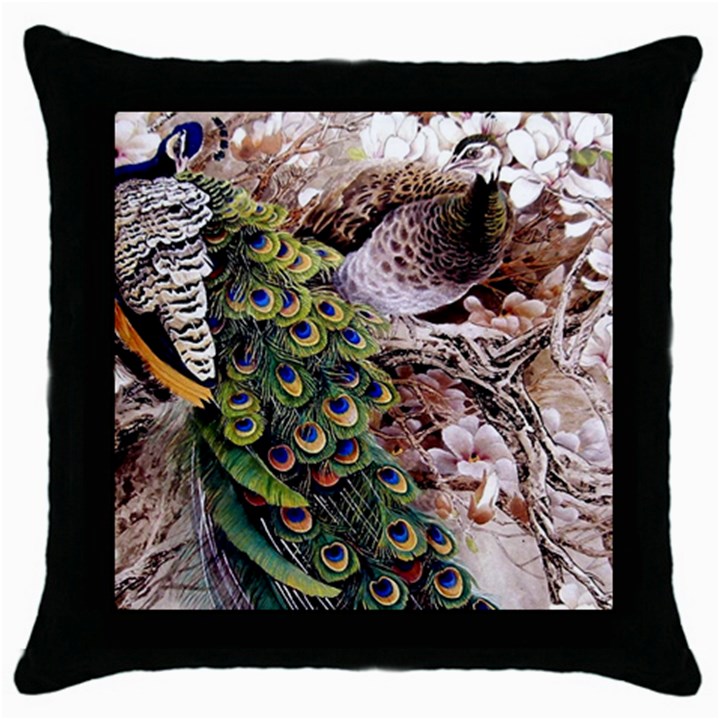 Japanese Painting Flower Peacock Throw Pillow Case (Black)