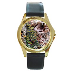 Japanese Painting Flower Peacock Round Gold Metal Watch