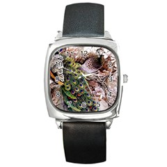 Japanese Painting Flower Peacock Square Metal Watch