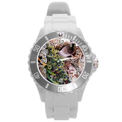 Japanese Painting Flower Peacock Round Plastic Sport Watch (L)