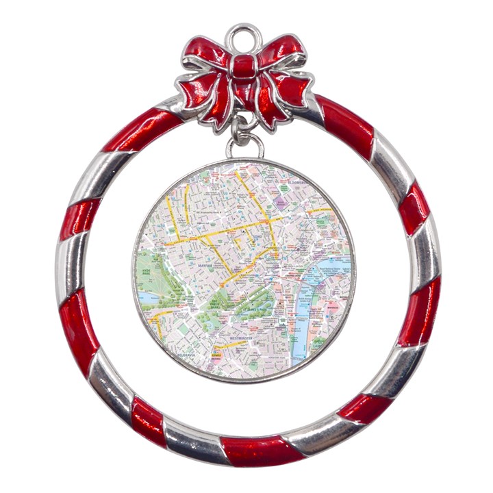 London City Map Metal Red Ribbon Round Ornament