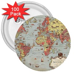 Vintage Old Antique World Map 3  Buttons (100 pack) 