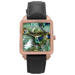 Peacock Feathers Rose Gold Leather Watch  by Bedest