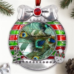 Peacock Feathers Metal X mas Ribbon With Red Crystal Round Ornament by Bedest