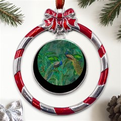 Peacock Paradise Jungle Metal Red Ribbon Round Ornament by Bedest