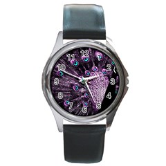 Purple Peacock Round Metal Watch