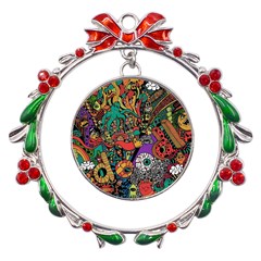 Cute Cartoon Doodle Metal X mas Wreath Ribbon Ornament by Bedest