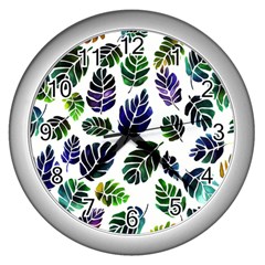 Leaves Watercolor Ornamental Decorative Design Wall Clock (silver) by Ravend