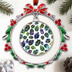 Leaves Watercolor Ornamental Decorative Design Metal X mas Wreath Ribbon Ornament by Ravend