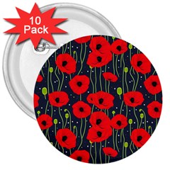 Background Poppies Flowers Seamless Ornamental 3  Buttons (10 Pack)  by Ravend