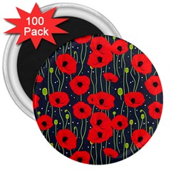 Background Poppies Flowers Seamless Ornamental 3  Magnets (100 Pack) by Ravend