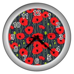 Background Poppies Flowers Seamless Ornamental Wall Clock (silver) by Ravend