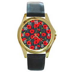 Background Poppies Flowers Seamless Ornamental Round Gold Metal Watch by Ravend