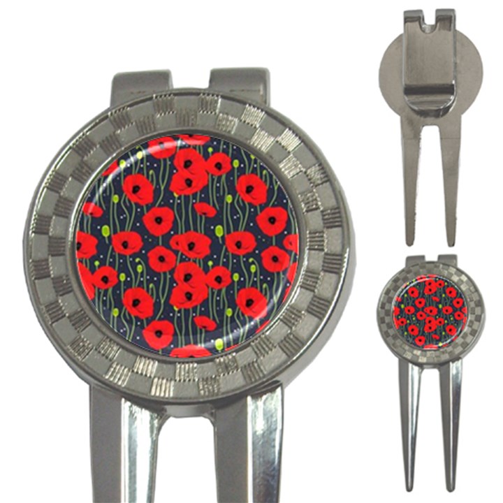 Background Poppies Flowers Seamless Ornamental 3-in-1 Golf Divots