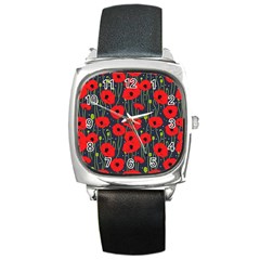 Background Poppies Flowers Seamless Ornamental Square Metal Watch by Ravend