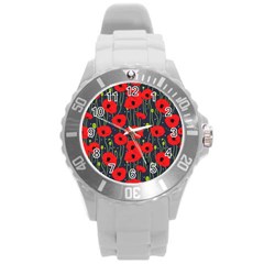 Background Poppies Flowers Seamless Ornamental Round Plastic Sport Watch (l) by Ravend