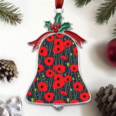 Background Poppies Flowers Seamless Ornamental Metal Holly Leaf Bell Ornament by Ravend