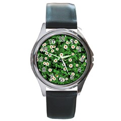 Daisies Clovers Lawn Digital Drawing Background Round Metal Watch by Ravend