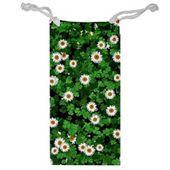 Daisies Clovers Lawn Digital Drawing Background Jewelry Bag by Ravend