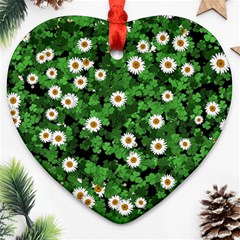 Daisies Clovers Lawn Digital Drawing Background Heart Ornament (two Sides)