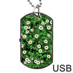 Daisies Clovers Lawn Digital Drawing Background Dog Tag Usb Flash (two Sides) by Ravend