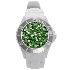 Daisies Clovers Lawn Digital Drawing Background Round Plastic Sport Watch (l) by Ravend