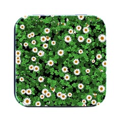 Daisies Clovers Lawn Digital Drawing Background Square Metal Box (black) by Ravend