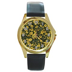 Sunflowers Yellow Flowers Flowers Digital Drawing Round Gold Metal Watch