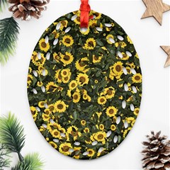 Sunflowers Yellow Flowers Flowers Digital Drawing Oval Filigree Ornament (Two Sides)