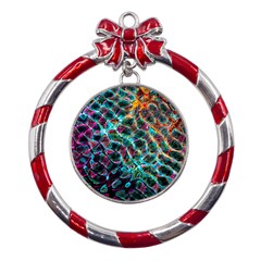 Fractal Abstract Waves Background Wallpaper Metal Red Ribbon Round Ornament by Ravend