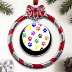 Pawprints-paw-prints-paw-animal Metal Red Ribbon Round Ornament Front