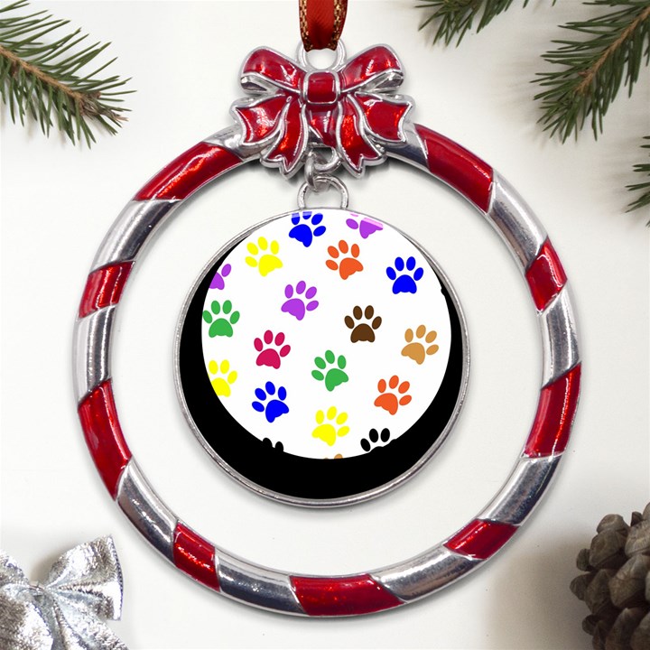 Pawprints-paw-prints-paw-animal Metal Red Ribbon Round Ornament