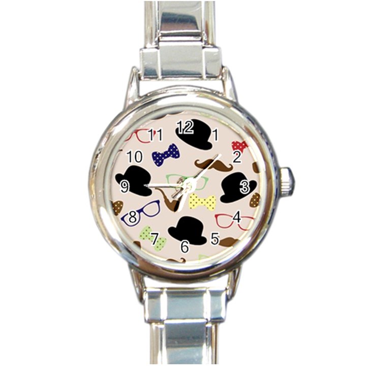 Moustache-hat-bowler-bowler-hat Round Italian Charm Watch