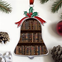 Old Bookshelf Orderly Antique Books Metal Holly Leaf Bell Ornament by Ravend