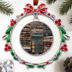 Pile Of Books Photo Of Assorted Book Lot Backyard Antique Store Metal X mas Wreath Ribbon Ornament by Ravend