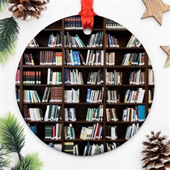 Book Collection In Brown Wooden Bookcases Books Bookshelf Library Ornament (round) by Ravend