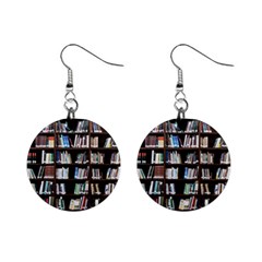 Book Collection In Brown Wooden Bookcases Books Bookshelf Library Mini Button Earrings by Ravend