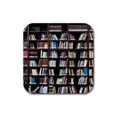 Book Collection In Brown Wooden Bookcases Books Bookshelf Library Rubber Coaster (square) by Ravend